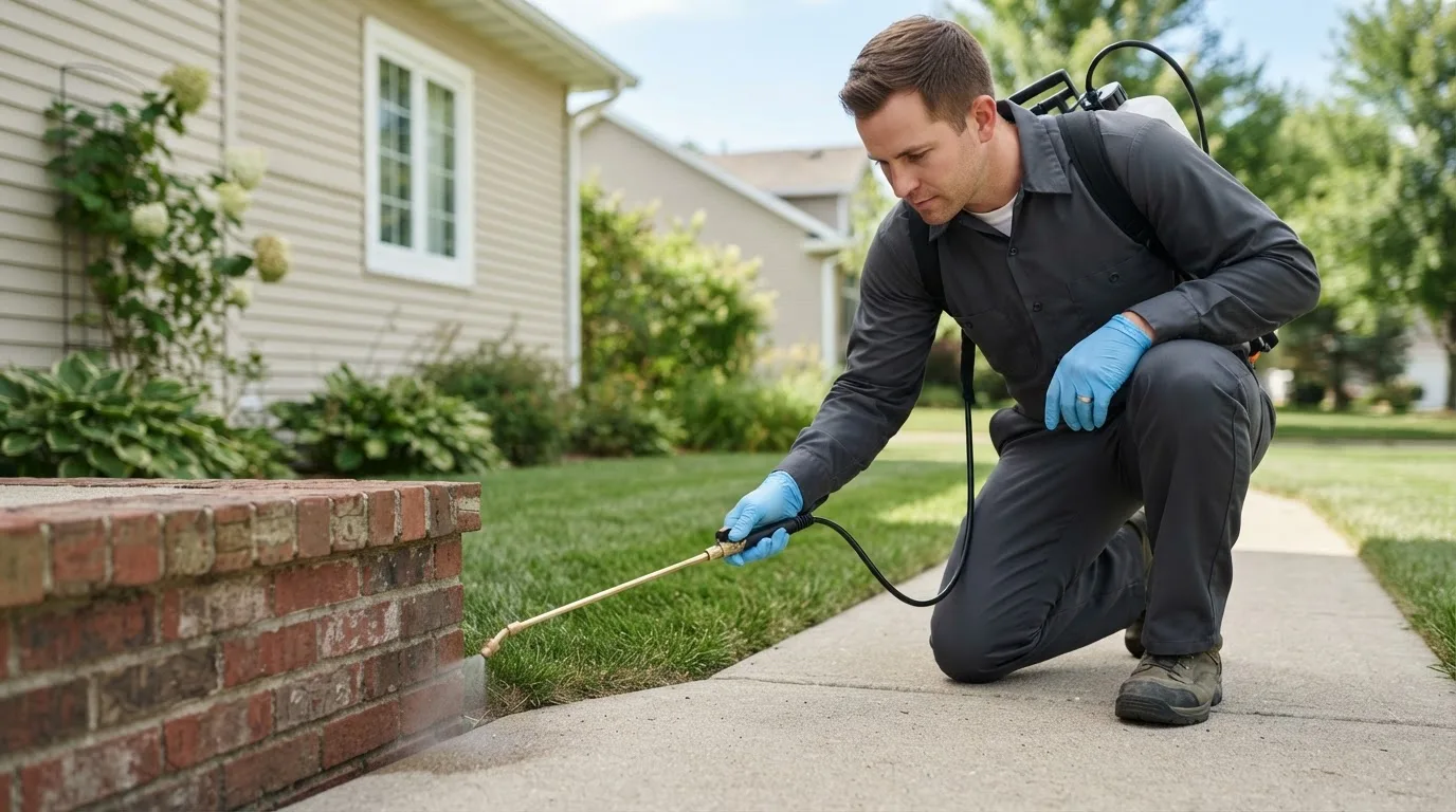 Pest control technician treating a home near Sun Prairie, WI